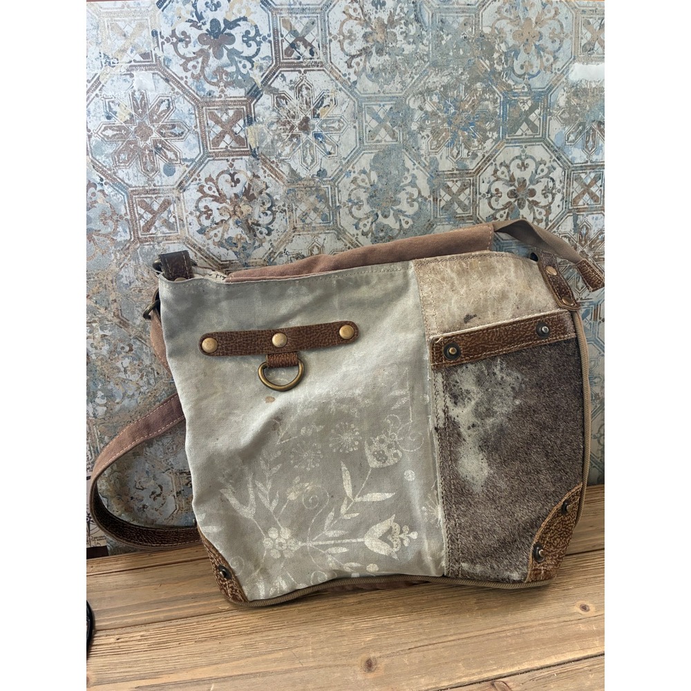 Myra Bag Upcycled Canvas Leather Hair-on-Hide Crossbody Bag Brown Floral‎